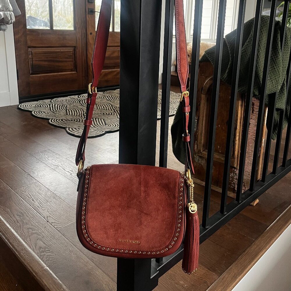 Michael Kors suede leather tassel crossbody handbag purse  brown